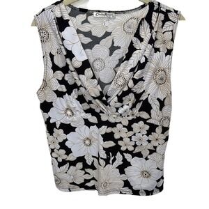 Claudia Richard Womens Floral Surplice V-Neck Sleeveless Blouse Black White Tan